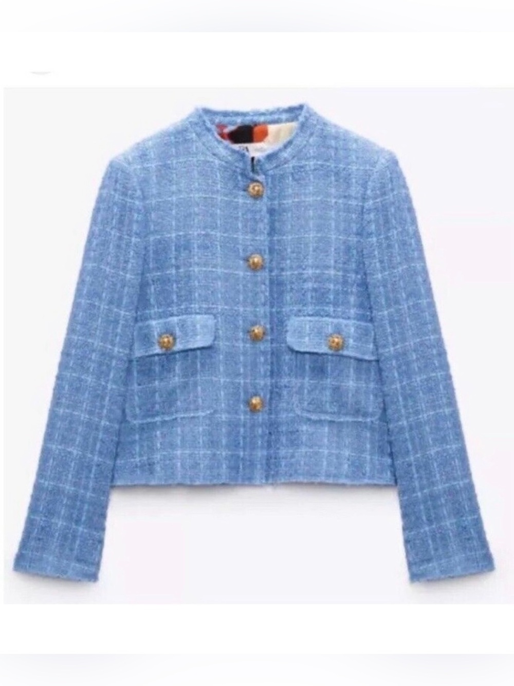 ZARA Classic Blue Tweed Collarless Jacket with Gold Buttons